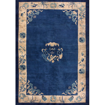 Solid Open Blue Color Field Antique Chinese Floral Medallion Pattern Peking Rug