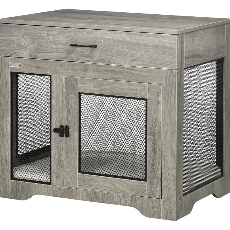 Small Dog Crate With Pillow Cushion And Convenient Drawer, Grey End Table Cushioned Bottom
