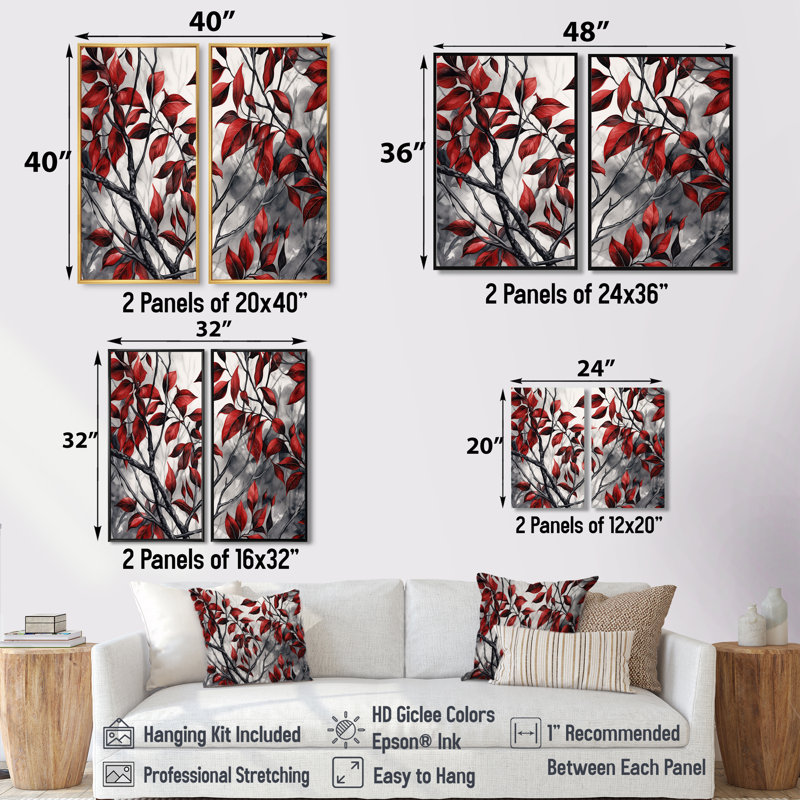 Red Grey Leaves On Tree VI - Red Wall Decor, Floater Framed Print, Black, 36" H x 48" W