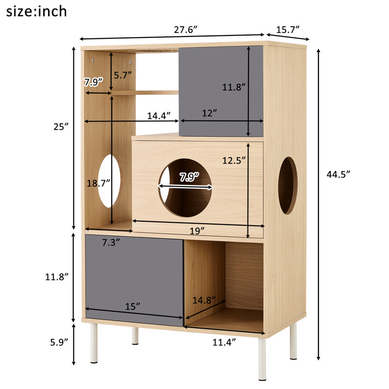 Élégante bibliothèque de rangement pour chat - attrayante, naturel et blanc, 27,42 po Profondeur, poids de 67,29 lb, hauteur de 41,48 et largeur de 16,08 po