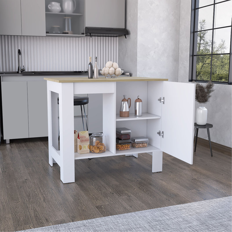 Kitchen Island, Single Door Cabinet, Shelf White / Macadamia