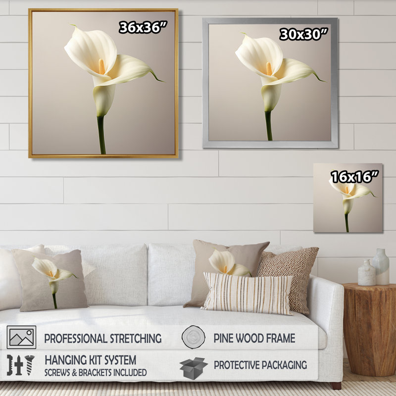 Gros plan sur une fleur de lis arum blanc - art mural Lily, Toile avec cadre flottant brun, H 16 po x l 16 po x P 1 po