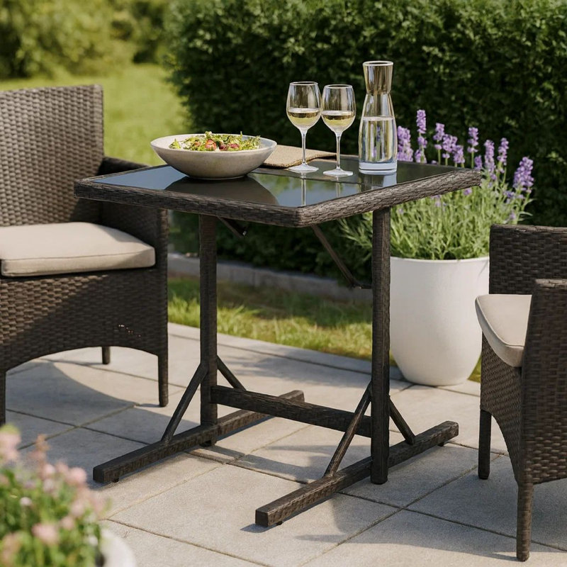 Table d'extérieur polyvalente, poly rotin noir, acier, plateau en verre de 43 po