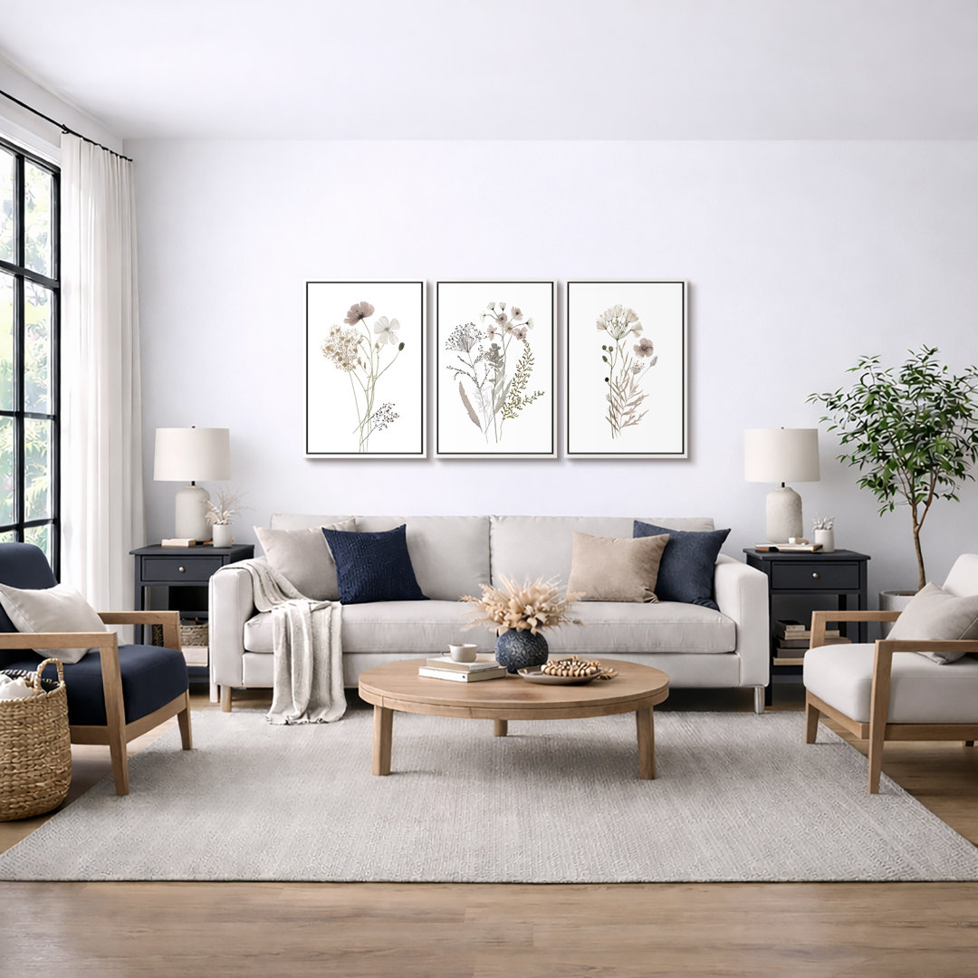 Minimal Botanical "Wildflowers Floral Artwork, Simple Neutral Minimalist Wall Pictures, Large Framed Canvas Giclee Print 3 Pieces Wall Art" IDEA4WALL Frame 