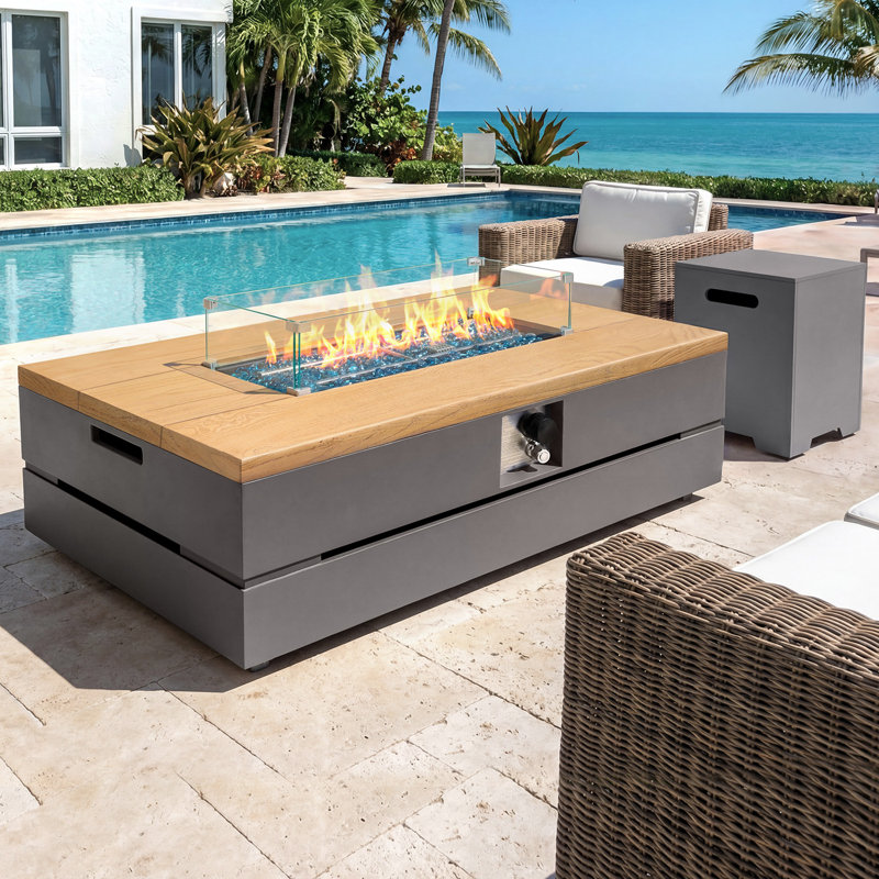 50-inch Rectangle Concrete Propane Fire Pit Table with Tank Cover and Wind Guard,Wood-Look Textured Surface,Gray, Gray