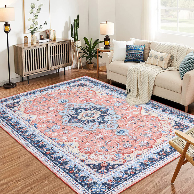 2'x3' Vintage Distressed Accent Rug, Low Pile Non-Slip Stain Resistant Carpet for Entryway, Pink, Pink, Rectangle 2' x 3'