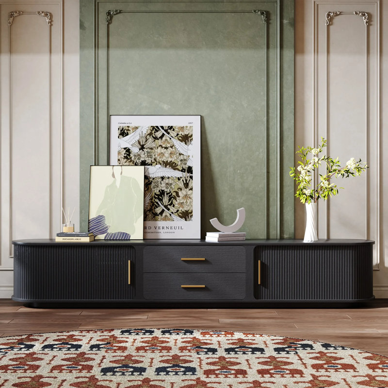 Minimalist Wood Media Console with Roller Shutter Door, Fully Assembled, Black, 16.54"H x 94.49"L x 15.75"W