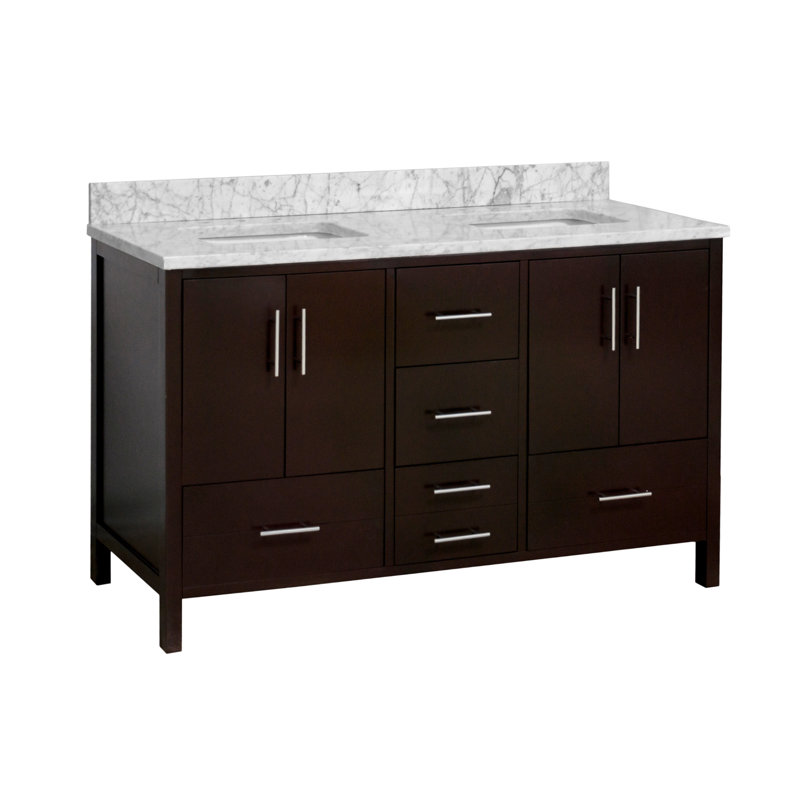 Ensemble de meuble-lavabo double 60 po Kiara, Chocolat, Marbre de Carrare