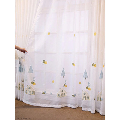 Rideaux voilages blancs à œillets avec broderie mignonne de maison et d'arbre, rideaux filtrant la lumière pour salon et chambre d'enfant (2 panneaux, 132 cm de large * 241 cm de long)