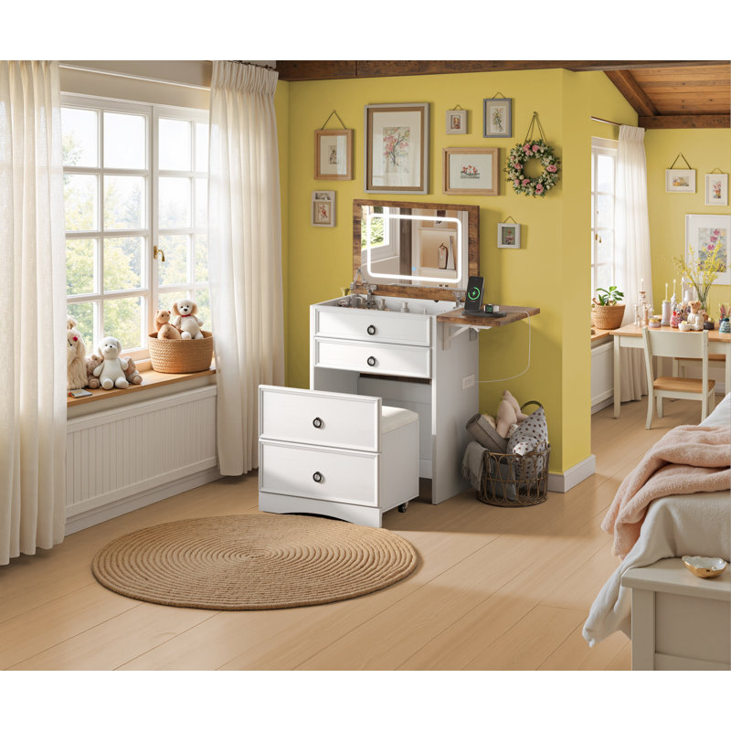  Coiffeuse 3 en 1, tabouret coulissant, panneau rabattable, rangement divisé, blanc, Blanc / Brun