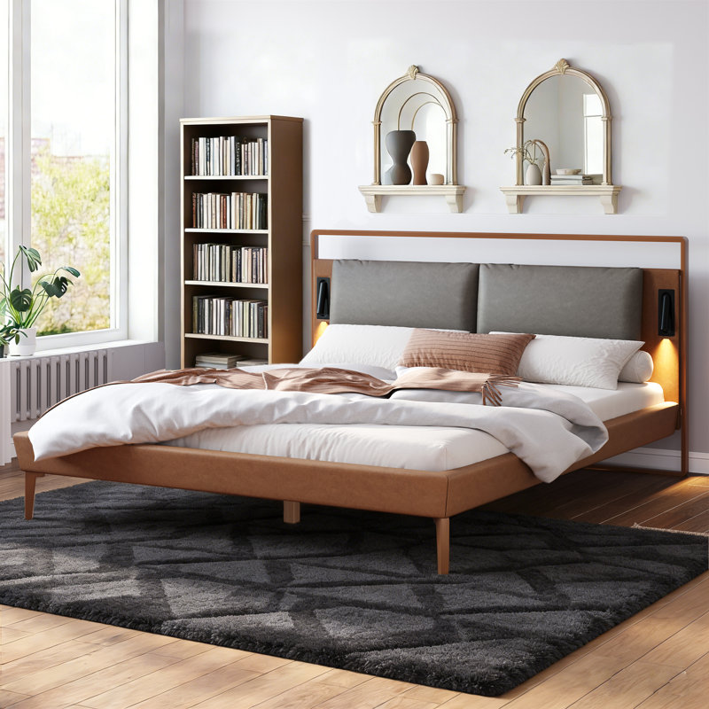 Upholstered Platform Bed with Reading Light, Modern Bed Frame with LED and High Clearance, Weight Capacity 800 lbs, No Box Spring Needed, Brown Gray, King