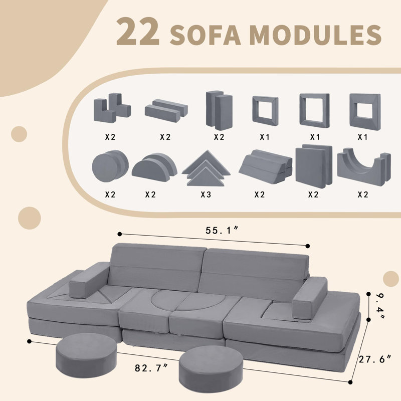 22Pcs Modular Kids Play Couch - Kids Couch for Playroom Bedroom Living Rooms Toddler Sofa for Inspiring Child Creativity，Children Convertible Foam Sofa, Dark Gray