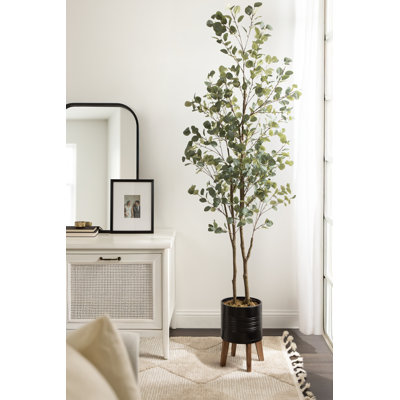 Eudora Faux Eucalyptus Tree with Gavri Wood and Metal Planter Pot