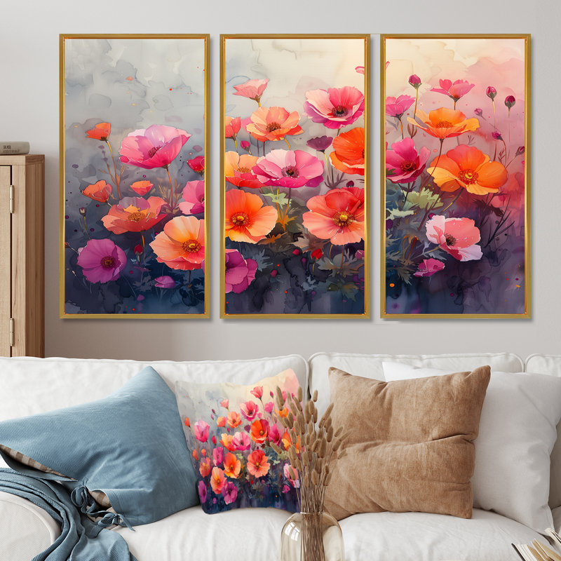 Champs de fleurs roses et orange bouton d'or 3 "pièces, Cadre flottant doré, H 28 po x l 36 po