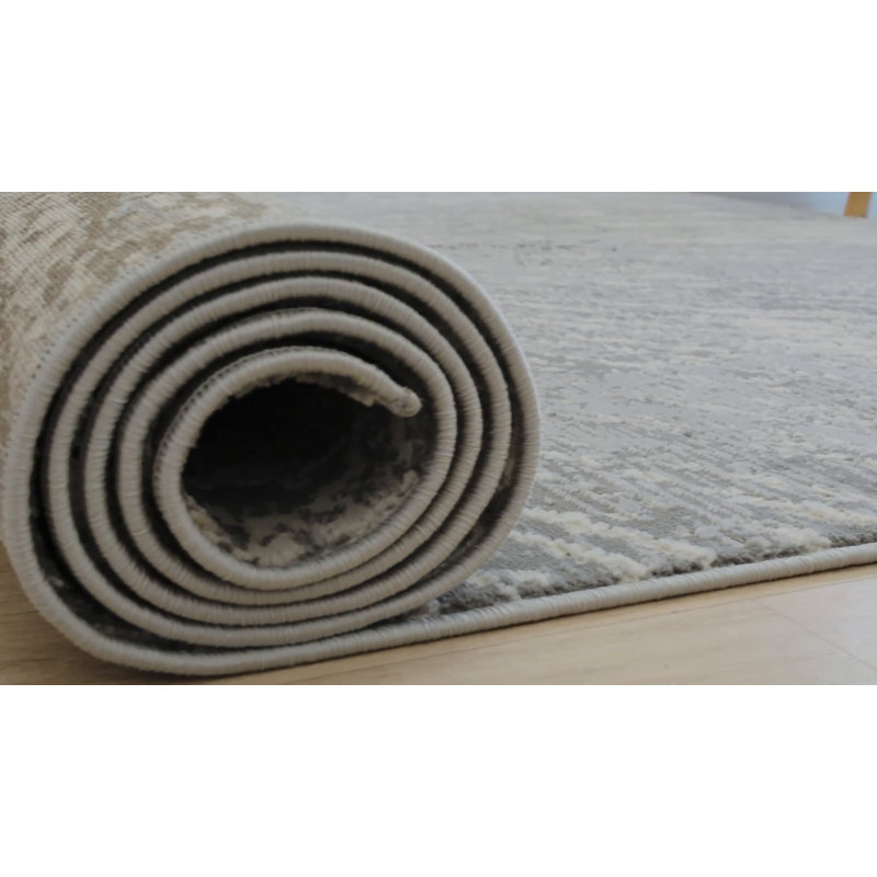 Round Gray and White Synthetic Abstract Area Rug