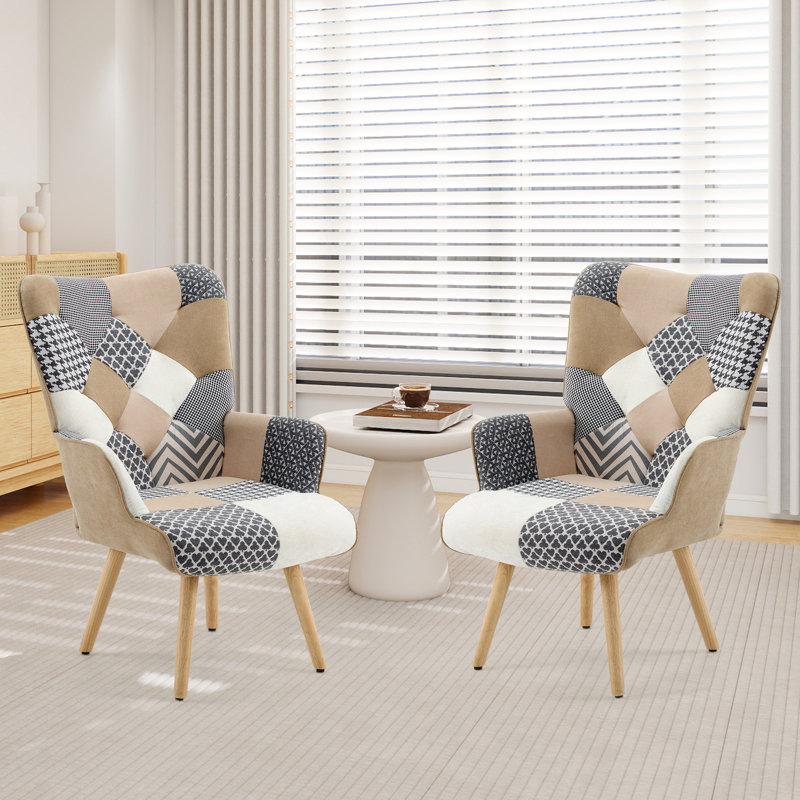 Living Room Accent Chair with High Backrest, Bedroom Plaid Bohemian Upholstered Armchair for Mid Century, Modern Cozy Chairs for Small Spaces, Grey, 2 Pack