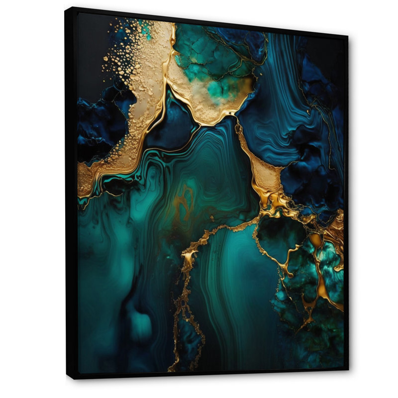 Abstract Geode Marble Green and Gold - Impression sur toile encadrée abstraite, L 12 po x H 20 po