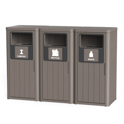 Station de bac de recyclage extérieur 3-Stream 80L, poubelles en résine de grain de bois, résistant aux intempéries, cache les sacs à ordures, pour sacs de 30 à 39 gallons