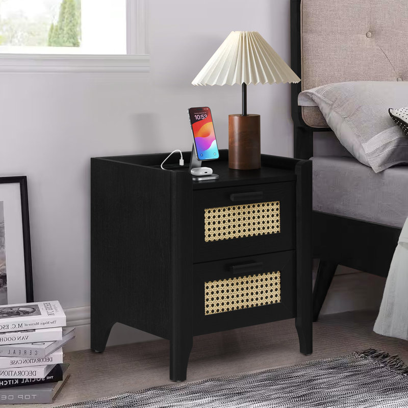  Rattan-Inspired 2 Drawer Nightstand with Charging Station, Bedside Table with Drawers, Night Stand for Bedroom, End Table or Side Table for Living Room, 15.5" D x 18.9" W x 21.7" H, Black