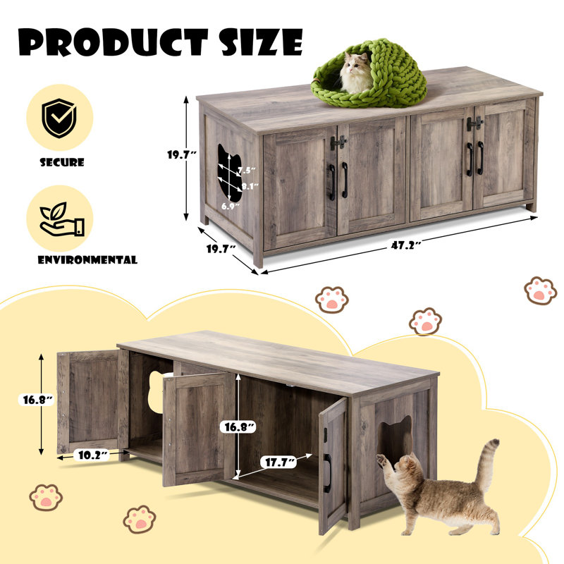 Rustic Gray Wooden Cat Litter Box Enclosure with Dual Chambers