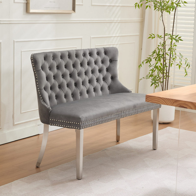 45.6" Upholstered Loveseat, 2-Seat Tufted Bench With Wing Back, Gray, Silver