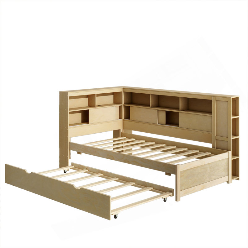 Lit de jour simple en bois avec tablettes de rangement, USB et lit gigogne, naturel