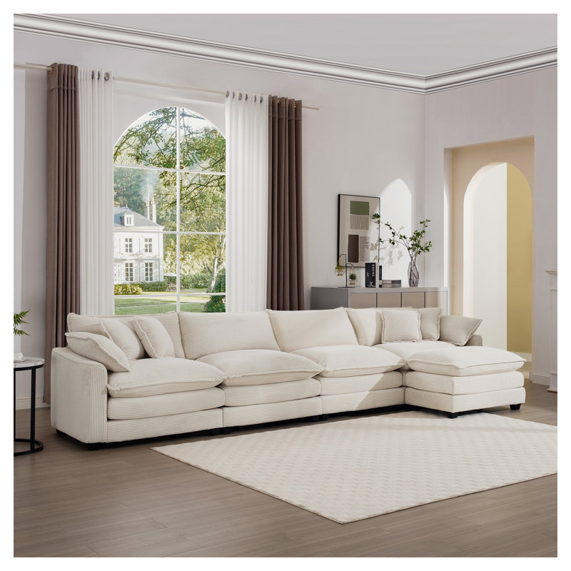 Canapé modulaire en L avec repose-pieds 4 places Corduroy, Velours côtelé beige, H 33,85 po x l 149,6 po x P 34,25 po