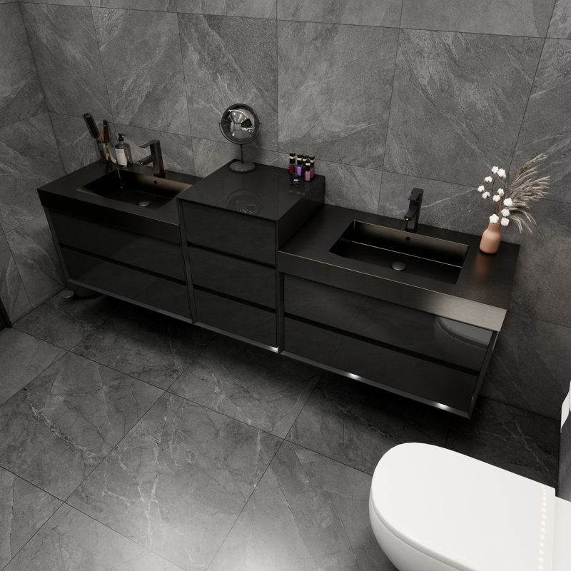 Golitz 103.5'' Double Bathroom Vanity with Stainless Steel Top, Glossy Black
