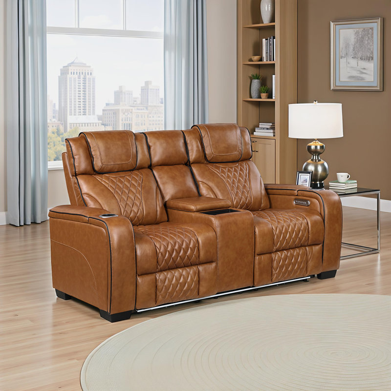 Barra 72" Modern & Contemporary Top Grain Leather Power Double Reclining Loveseat with Center Console, Power Headrests, Heat & Air Massage