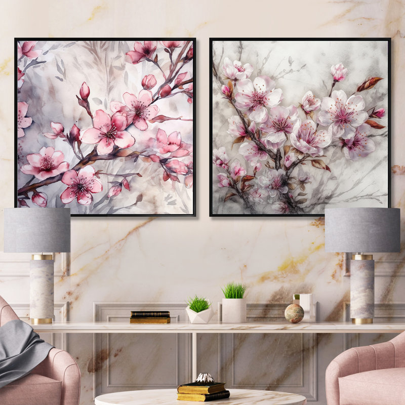 Cerisier en fleurs rose - Ensemble de 2 carrés de cerisiers en fleurs, Cadre flottant noir, H 16 po x l 33 po