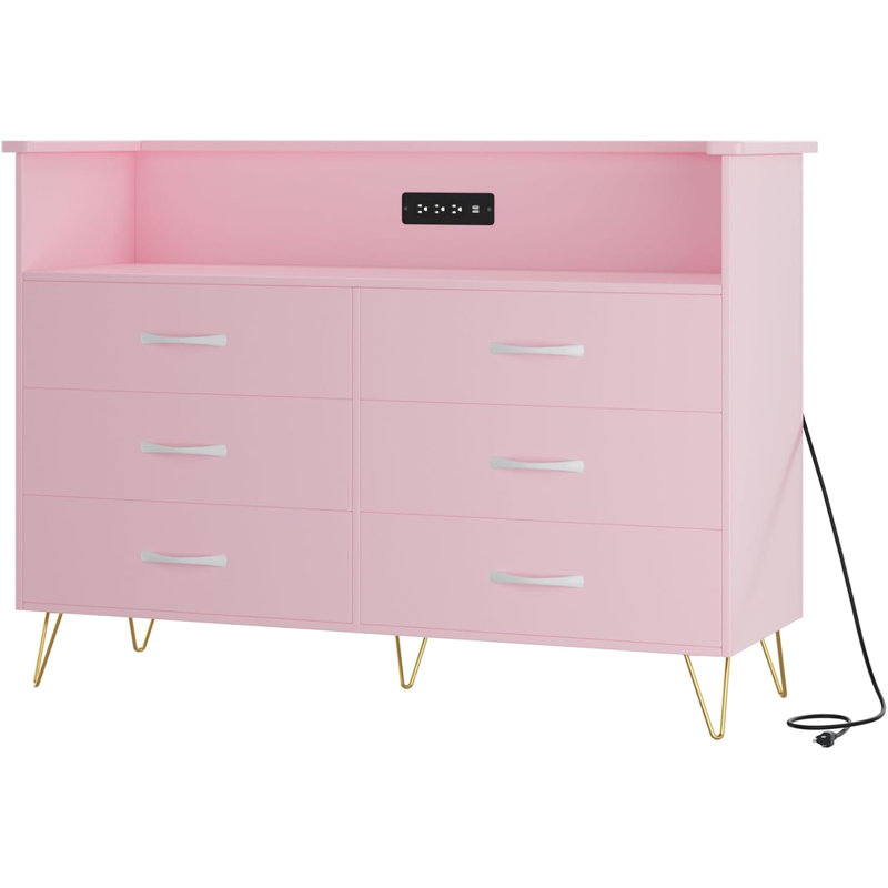 Commode 6 tiroirs en bois pour la chambre à coucher, commode en bois avec lumières DEL et prise de courant, commode moderne pour vestibule