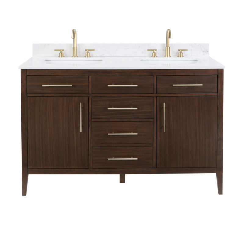 Meuble-lavabo double 55 po avec comptoir en granite blanc Calacatta