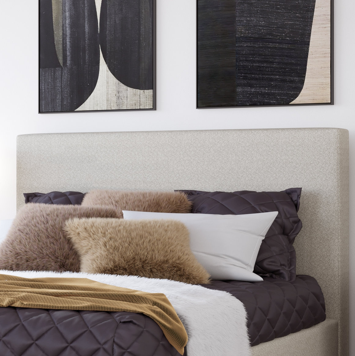 Linen Upholstered Bed, Ivory Boucle, Queen