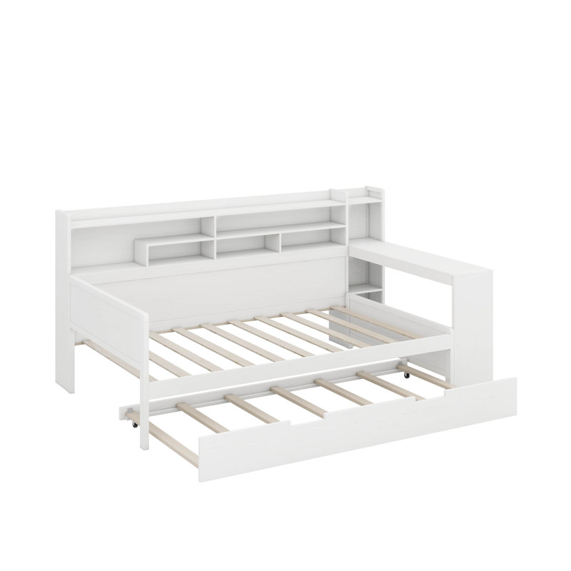 Lit de jour en bois avec tablettes de rangement, lit multifonctionnel avec lit gigogne simple et bureau d'étude