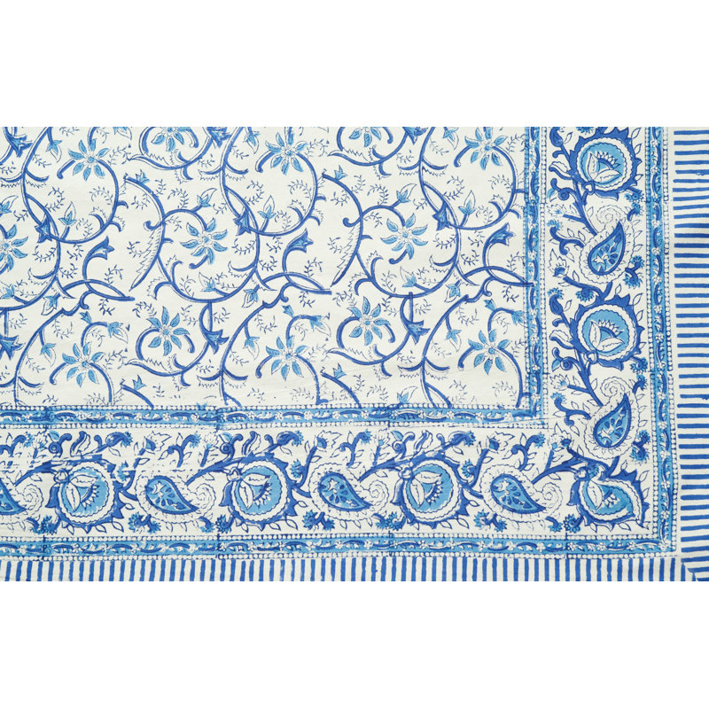 RAJASTHAN VINE BLUE AND WHITE 72" X 102" BLOCK PRINTED TABLECLOTH