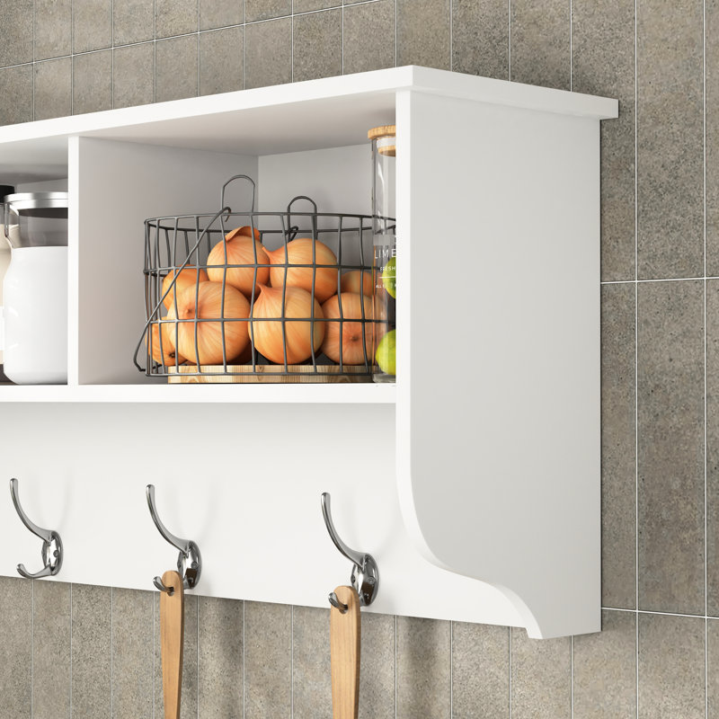 White Entryway Coat Rack With 4 Hooks And Practical Wooden Storage Shelf Wall Mounted Solid
