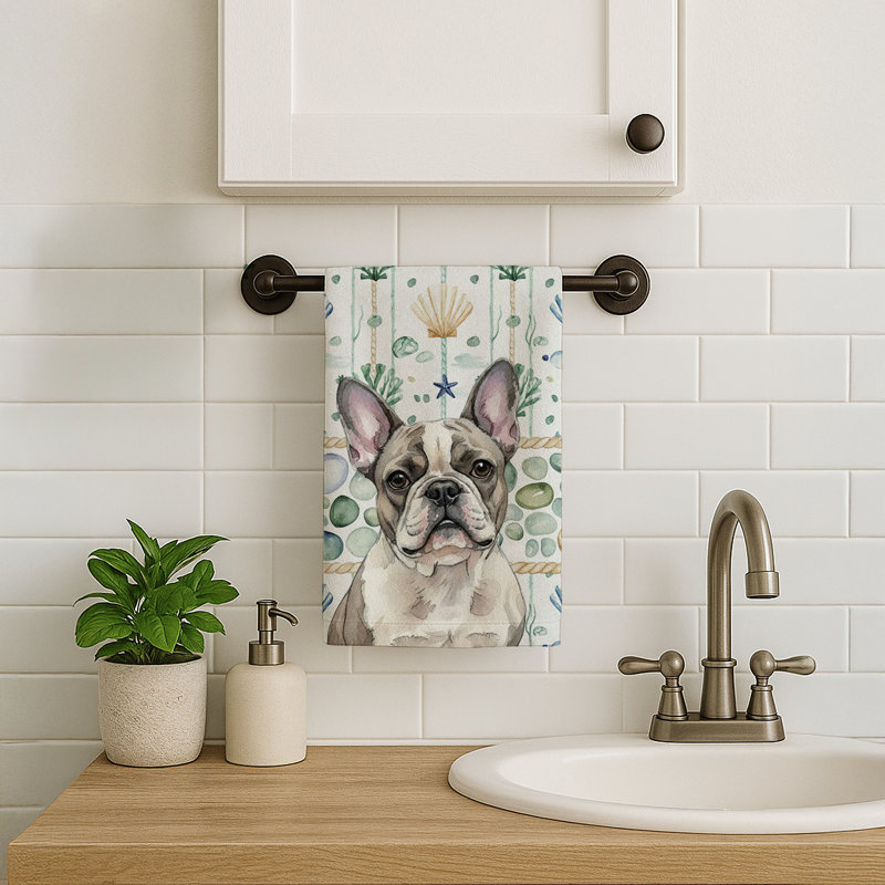 Serviette de cuisine blanche en verre de mer à épagneul tibétain blanc, Bouledogue français Pied