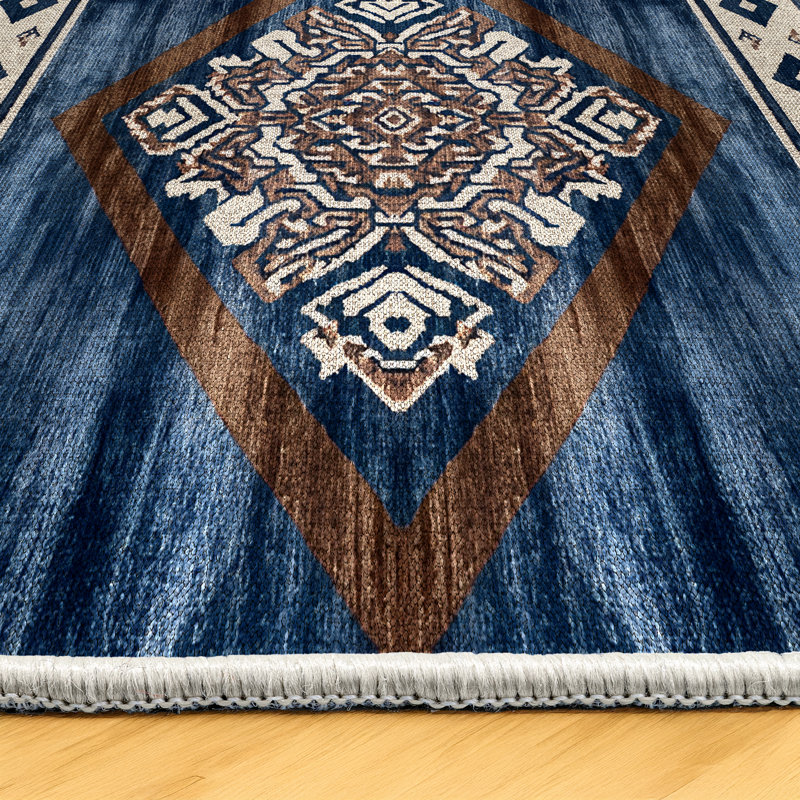 Minisase Collection Digital Print Cotton-Polyester Blue Moroccan Floral Rug, Rectangle 5'3" x 6'7"