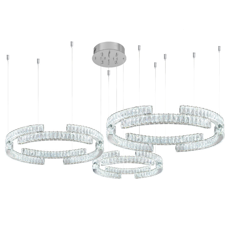 Lustre moderne rond à 3 anneaux en cristal argenté, suspension DEL à intensité variable, diamètre 32 po + 24 po + 16 po