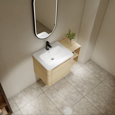 Plywood Wall-Mounted Vanity with White Ceramic Sink