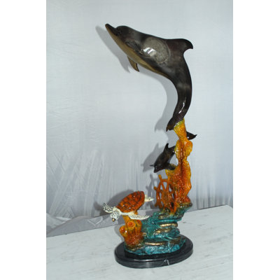 Blumberg High Two Dolphins with Turtle bronze statue -  Size: 14"L x 8"W x 28"H.