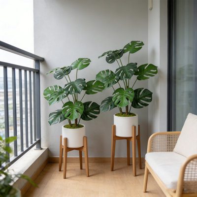 Artificial Tropical Alocasia Leaf Plant 2Pcs Set 30in Tall Fake Monstera Tree in White Pot, Faux Potted Plant for Home Office Indoor Outdoor Decoration