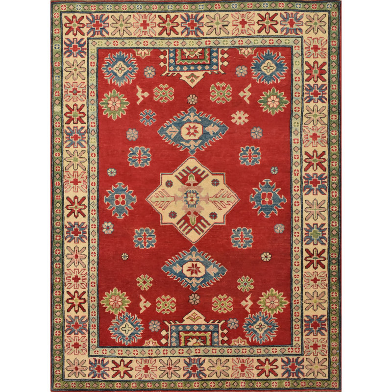 Tapis unique en laine noué à la main rouge / bleu / crème 4 pi 10 po x 6 pi 7 po Lucynda