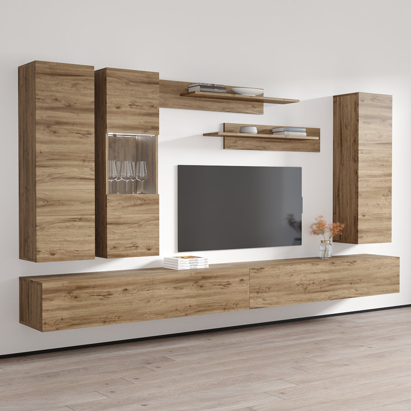 Vreeland 126" Modern Floating Wall Mounted Entertainment Center with 16-Color LED Lighting, High Gloss Finish, Oak