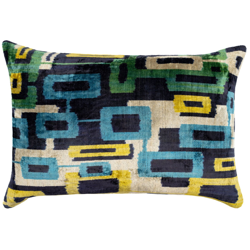 Velvet Lumbar Pillow Cover & Insert, Blue/Green/Yellow Geometric 2