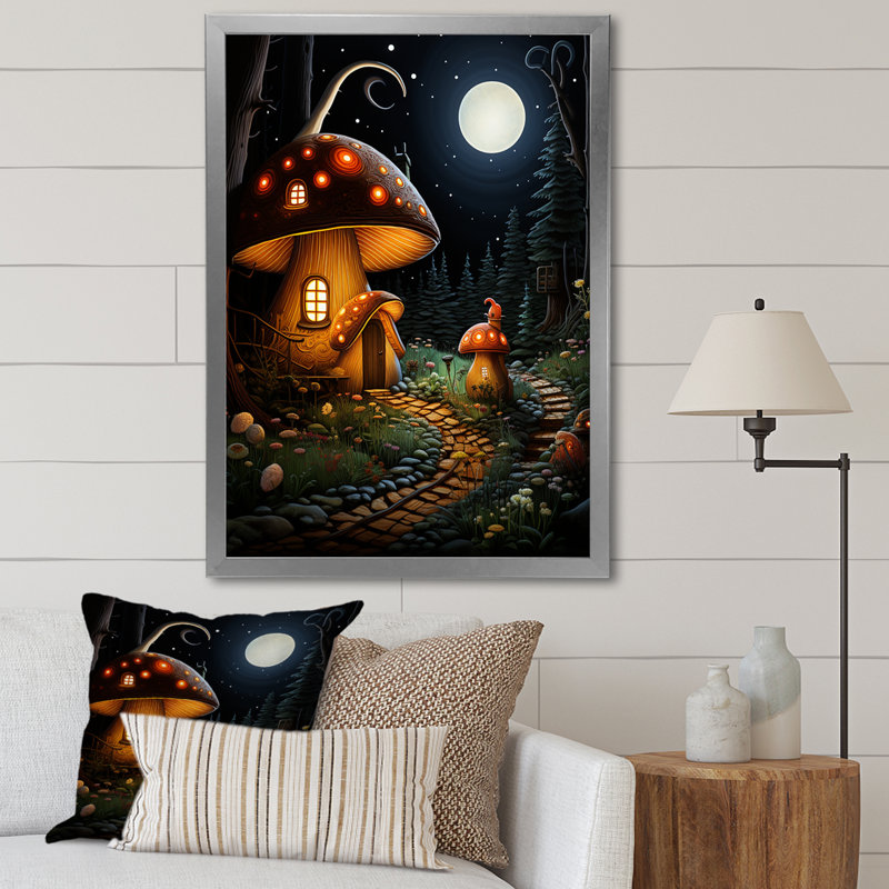 Mushroom Fantasy Landscape - Art mural paysage, Cadre simple argenté, H 32 po x l 16 po x P 1 po