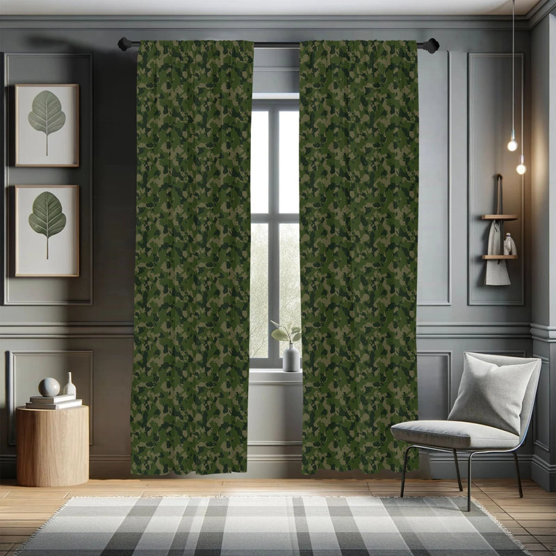 Camouflage Semi-Sheer Rod Pocket Curtain Panels, 28" x 63", Green Evergreen