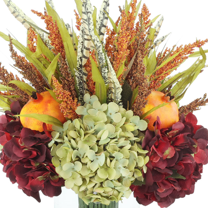 Fall Arrangement with Hydrangeas and Thistle, Green/Burgundy/Orange