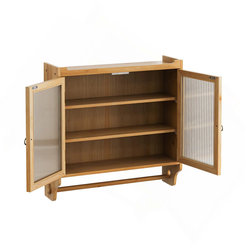 Vintage Double Glass Door Wall Cabinet With 3-Tier Storage And Towel Rack For Bathroom Kitchen Dining Room, Natural