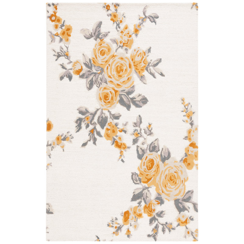 Jardin Hand Tufted Wool/Cotton Floral Rug in Ivory/Gold, Round 6'